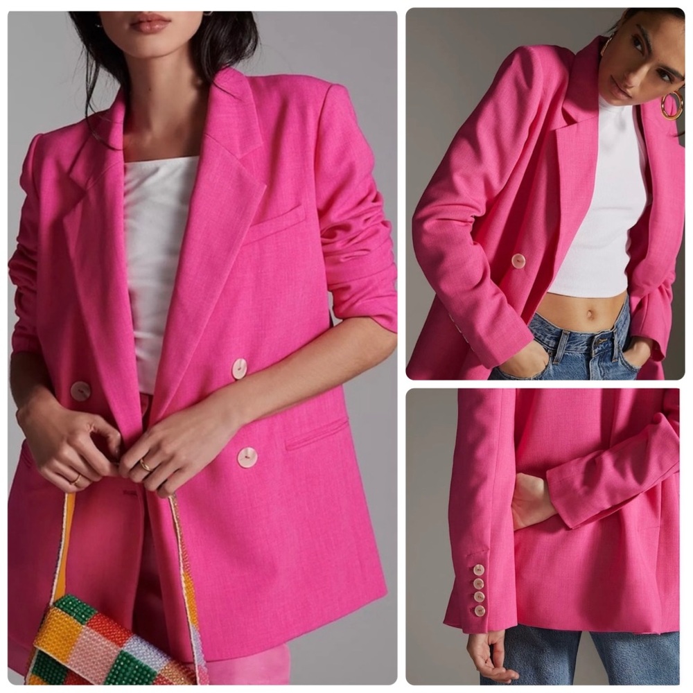 Anthropologie Maeve NWT Oversized Boxy Double Breasted Blazer in Bright Pink